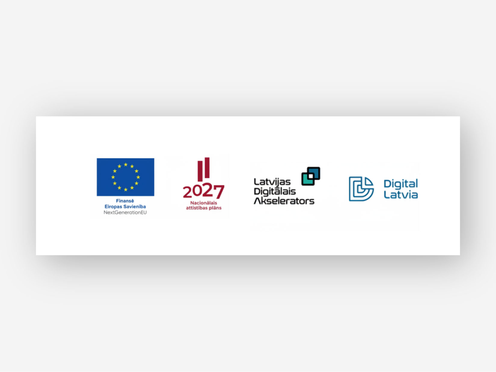 Logos of the European Union (NextGenerationEU), Latvia 2027 National Development Plan, Latvian Digital Accelerator, and Digital Latvia.