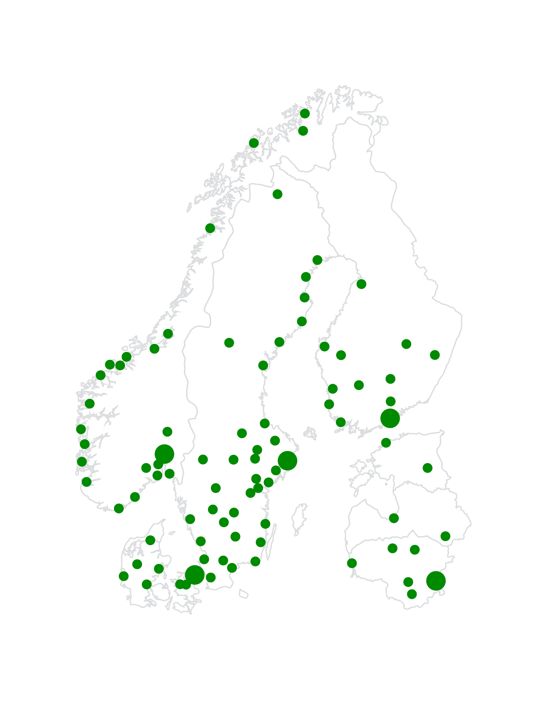 Geographic map showing Atea offices and operations across Norway, Sweden, Denmark, Finland, Latvia, Lithuania, and Estonia, illustrating the company's regional presence and technology services footprint.